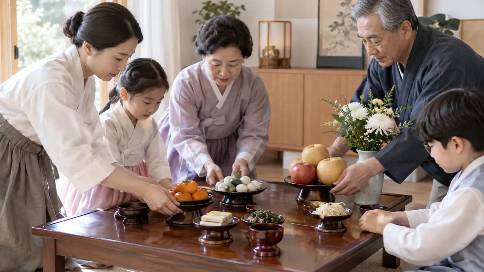 여러 세대 가족이 간소한 추석 차례상을 함께 준비하는 모습