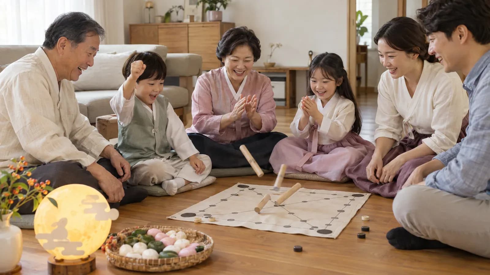 여러 세대 가족이 거실에서 윷놀이를 즐기는 모습