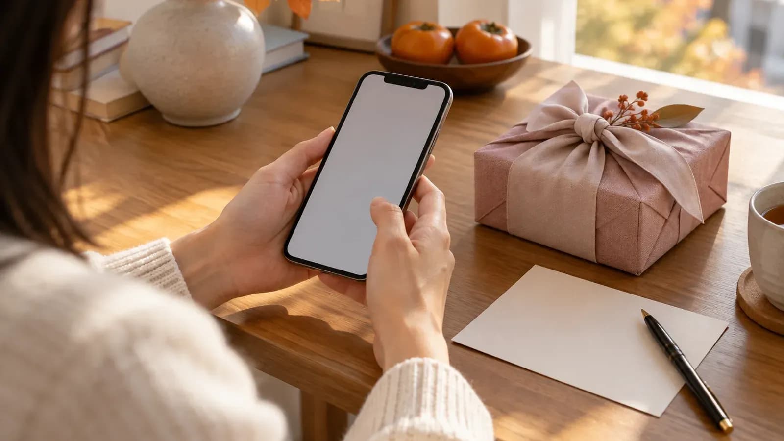 추석 인사 메시지를 작성하는 손과 작은 선물