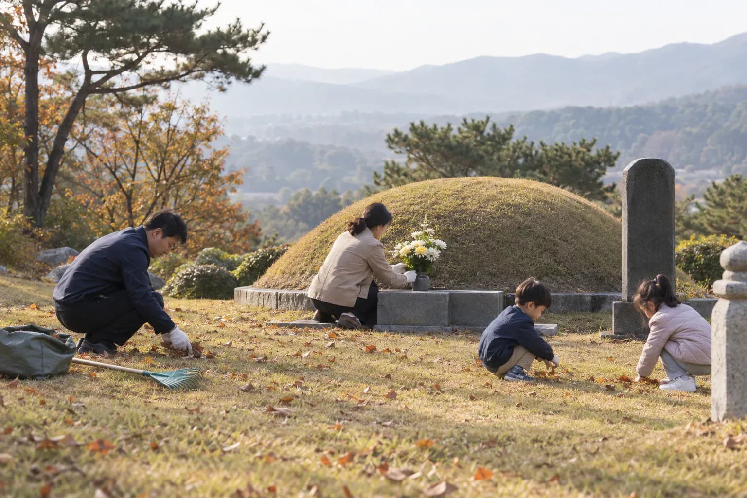 가족이 묘역 주변의 낙엽을 정리하고 꽃을 준비하는 모습