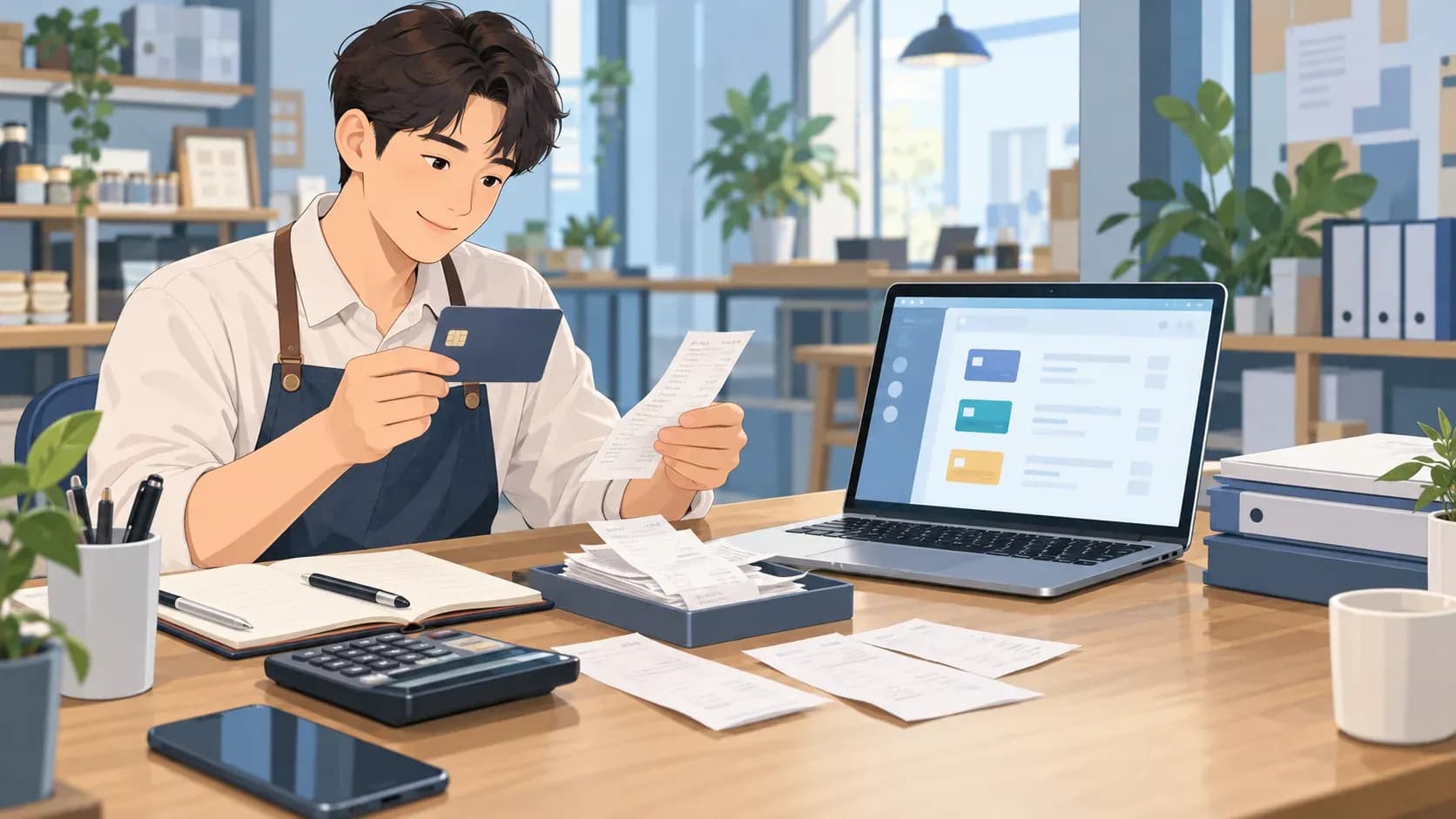사업자가 카드와 영수증을 대조하며 온라인 등록 상태를 확인하는 설명용 그림