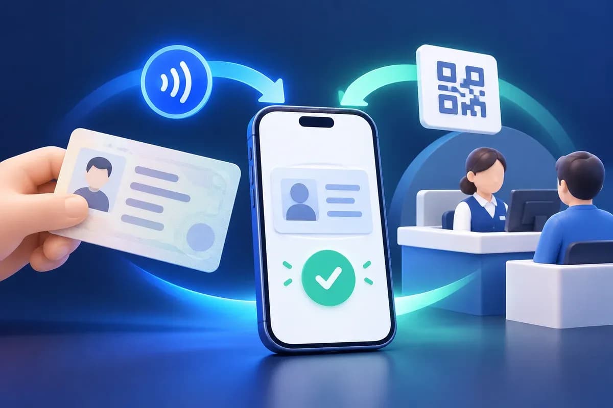 IC 주민등록증 태그와 주민센터 QR 발급이 모바일 주민등록증으로 이어지는 설명용 일러스트