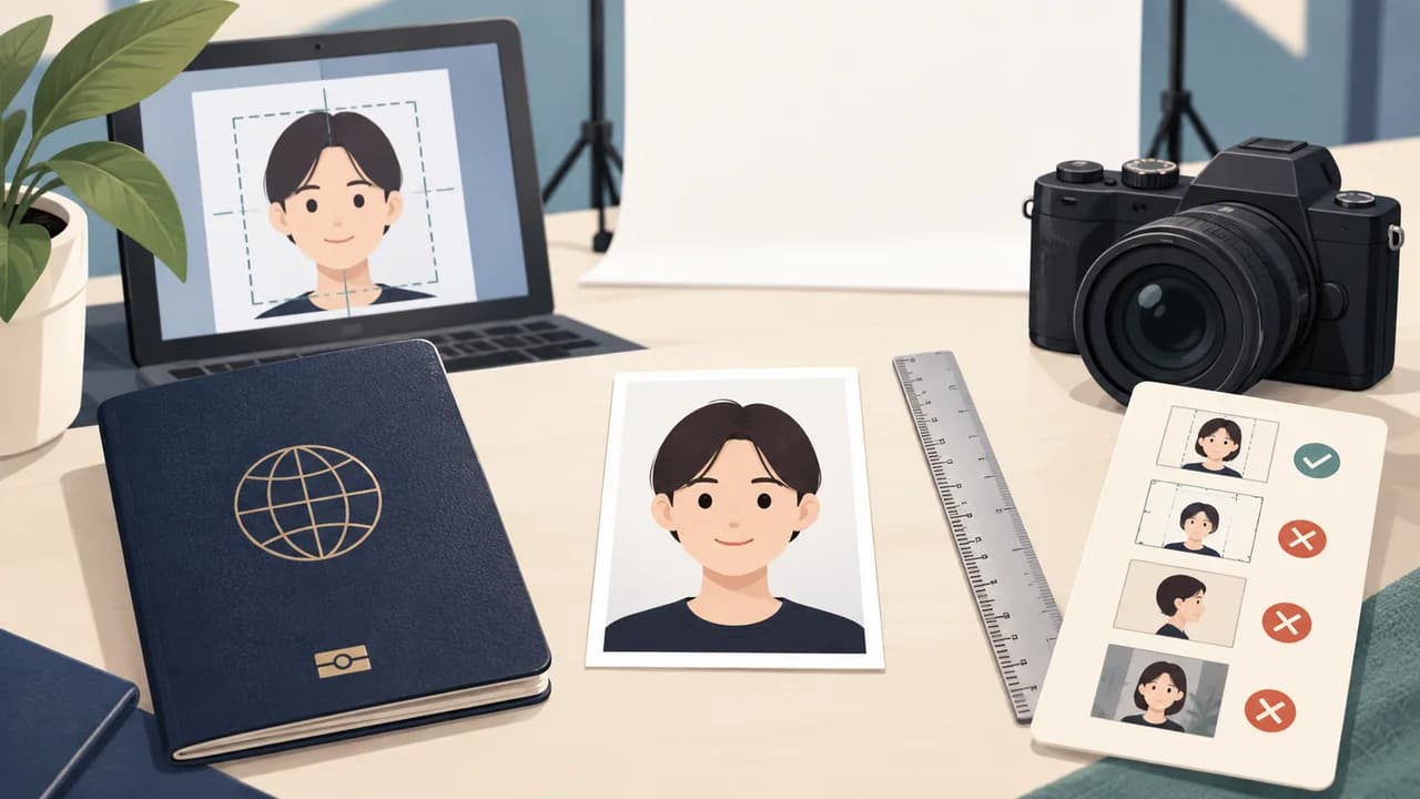 여권사진의 얼굴 위치와 배경 및 파일 규격을 점검하는 예시