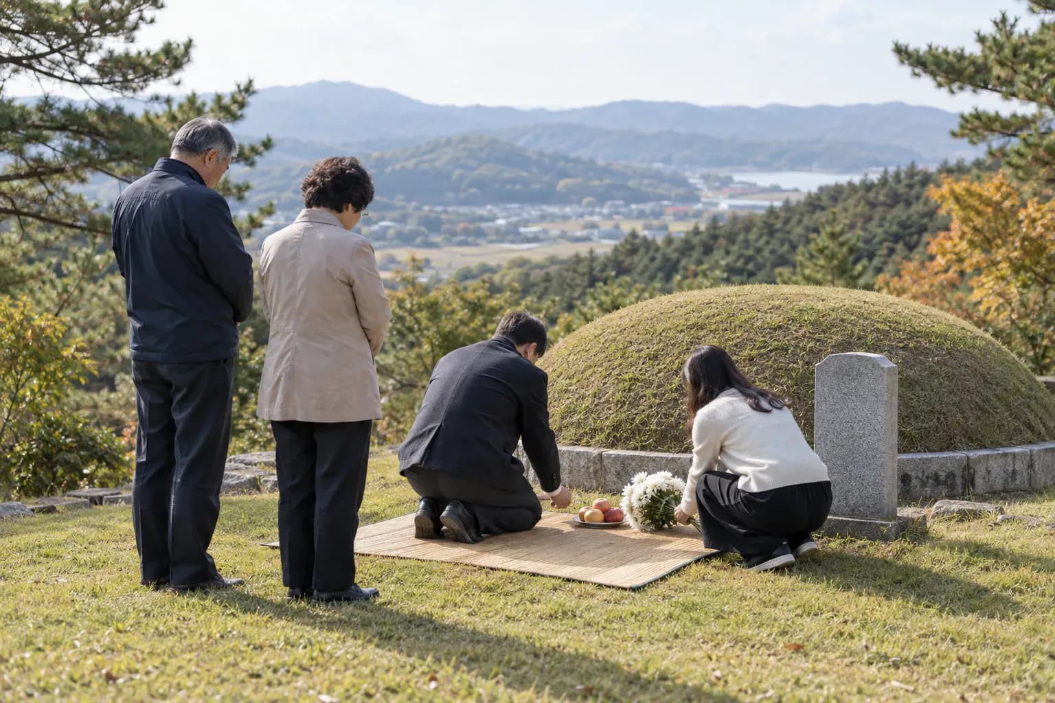 꽃과 과일을 간소하게 놓고 함께 추모하는 가족