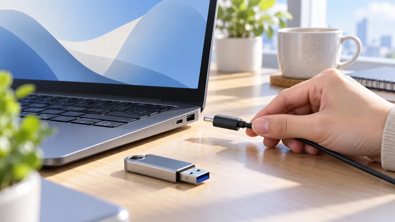 USB 메모리와 USB-C 케이블을 노트북 옆에 놓고 연결을 점검하는 설명용 이미지